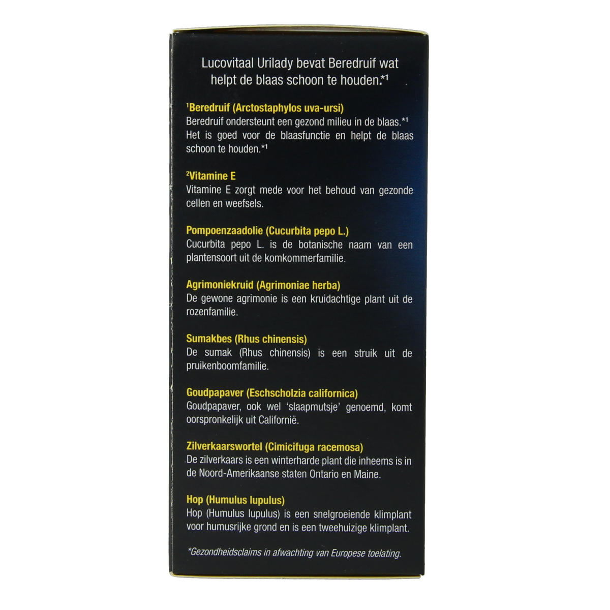 Lucovitaal Urilady herbal supplement capsules in a bottle, designed for urinary health support, natural herbal ingredients.