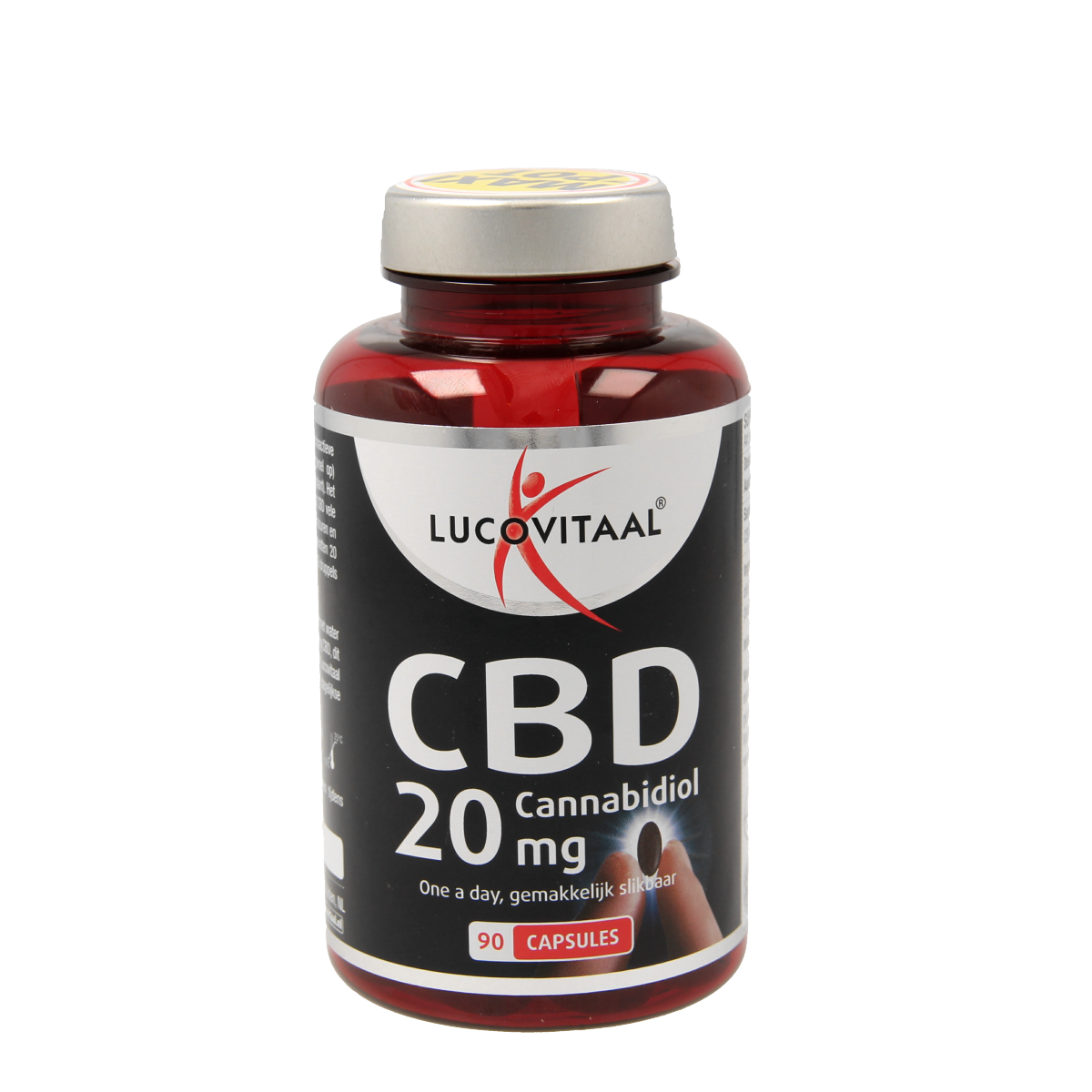Lucovitaal CBD capsules with 20mg cannabidiol, herbal supplement, 90 capsules in a clear bottle.