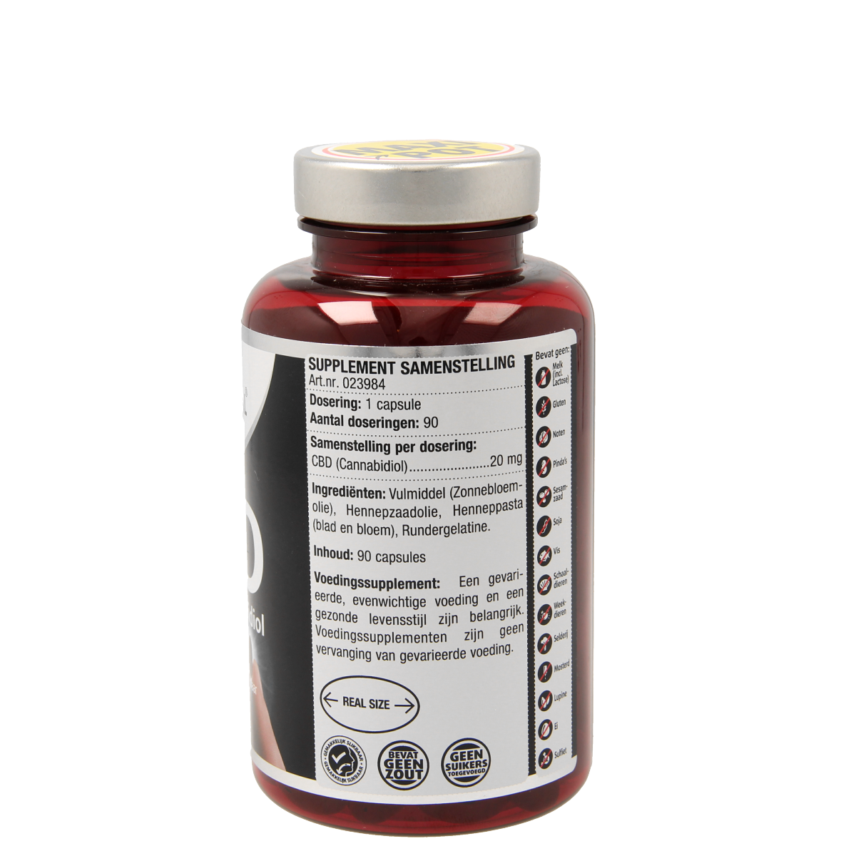 Lucovitaal cannabidiol CBD capsules, 20mg, 90-count herbal supplement in a clear bottle with a white label.