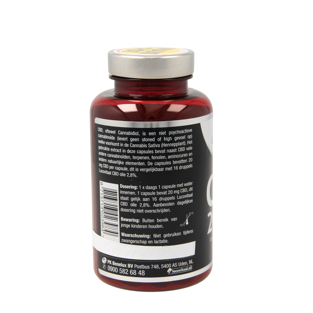Bottle of Lucovitaal Cannabidiol CBD 20mg capsules, herbal supplement in a white container with a label displaying CBD content.