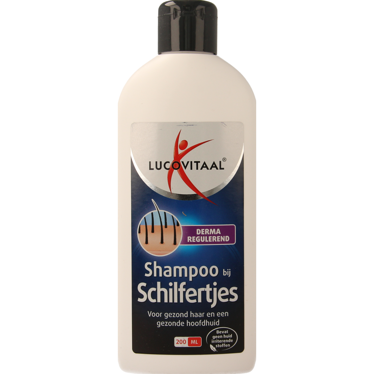 Lucovitaal shampoo for dandruff, 200ml, hair care product with a clear bottle and label showing the brand name.