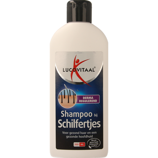 Lucovitaal shampoo for dandruff, 200ml, hair care product with a clear bottle and label showing the brand name.