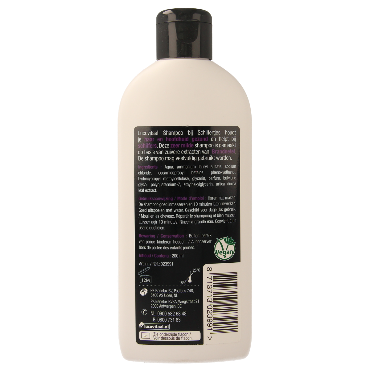 Lucovitaal shampoo for dandruff in a 200ml bottle, hair care product designed to soothe scalp and reduce flakes.
