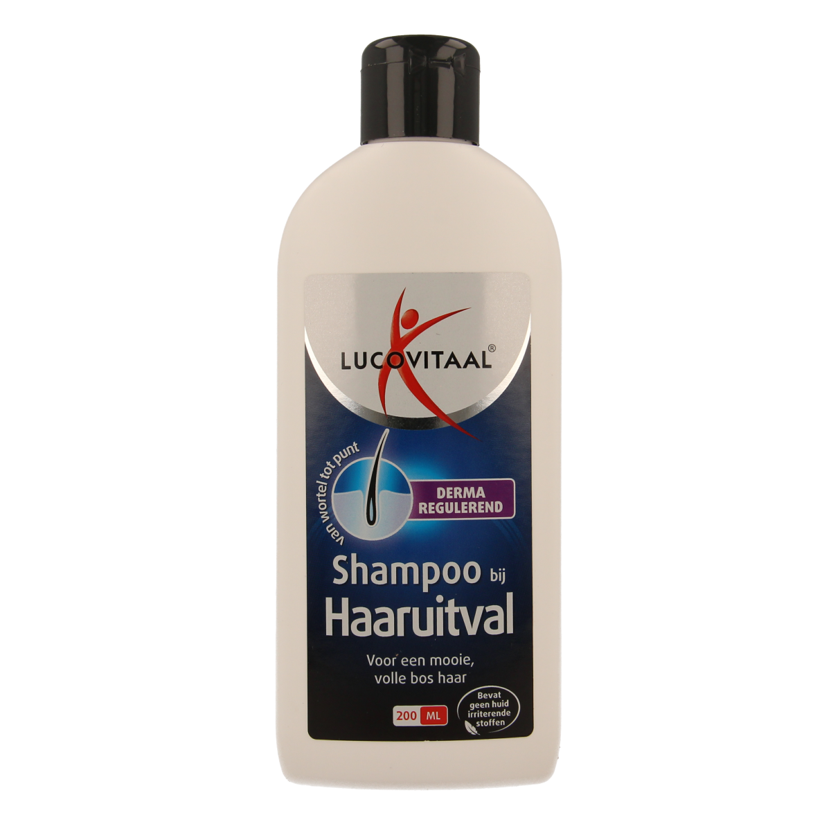 Lucovitaal haaruitval shampoo in 200ml bottle, haircare product designed to reduce hair loss and strengthen hair.