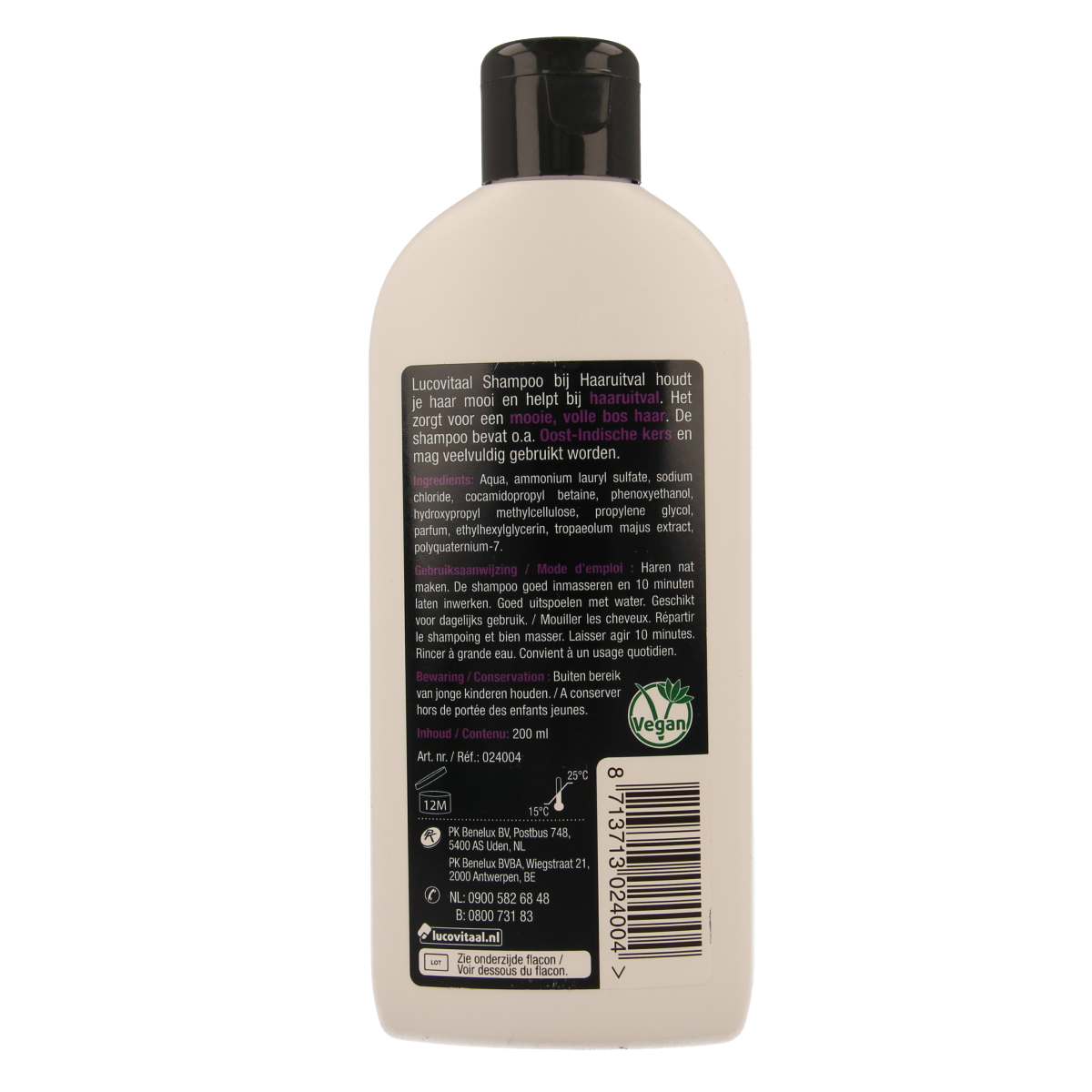 Lucovitaal Haarverzorging shampoo for hair loss, 200ml bottle with white cap and label, designed to strengthen and nourish hair.