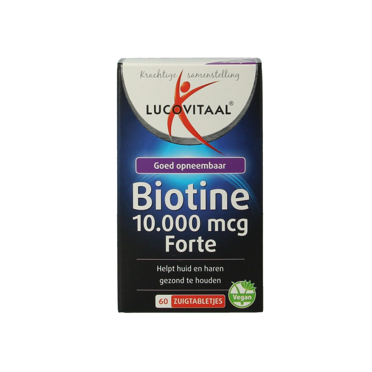 Lucovitaal Biotine Forte 60 chewable vitamin tablets, orange-flavored, for healthy hair, skin, and nails.