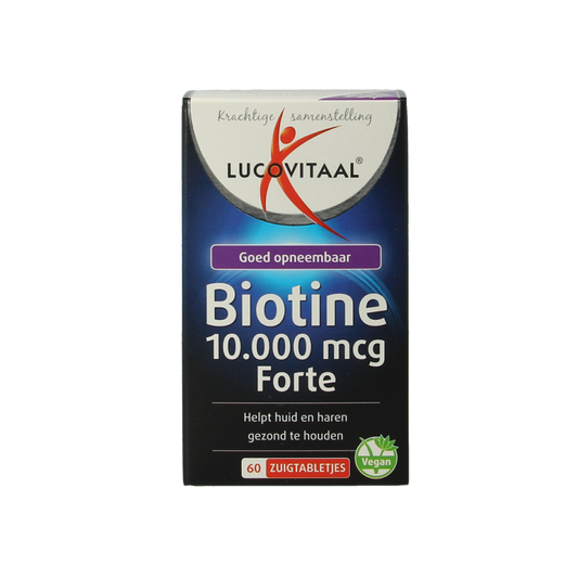 Lucovitaal Biotine Forte 60 chewable vitamin tablets, orange-flavored, for healthy hair, skin, and nails.