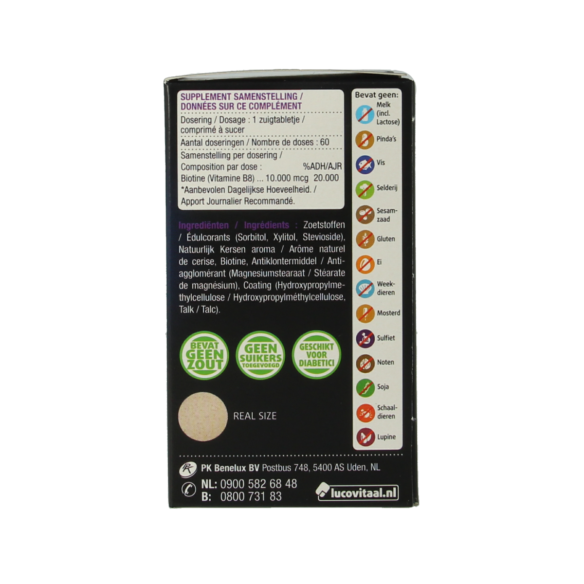 Lucovitaal Biotine Forte 60 chewable vitamin tablets in a blister pack, designed to support healthy hair, skin, and nails.