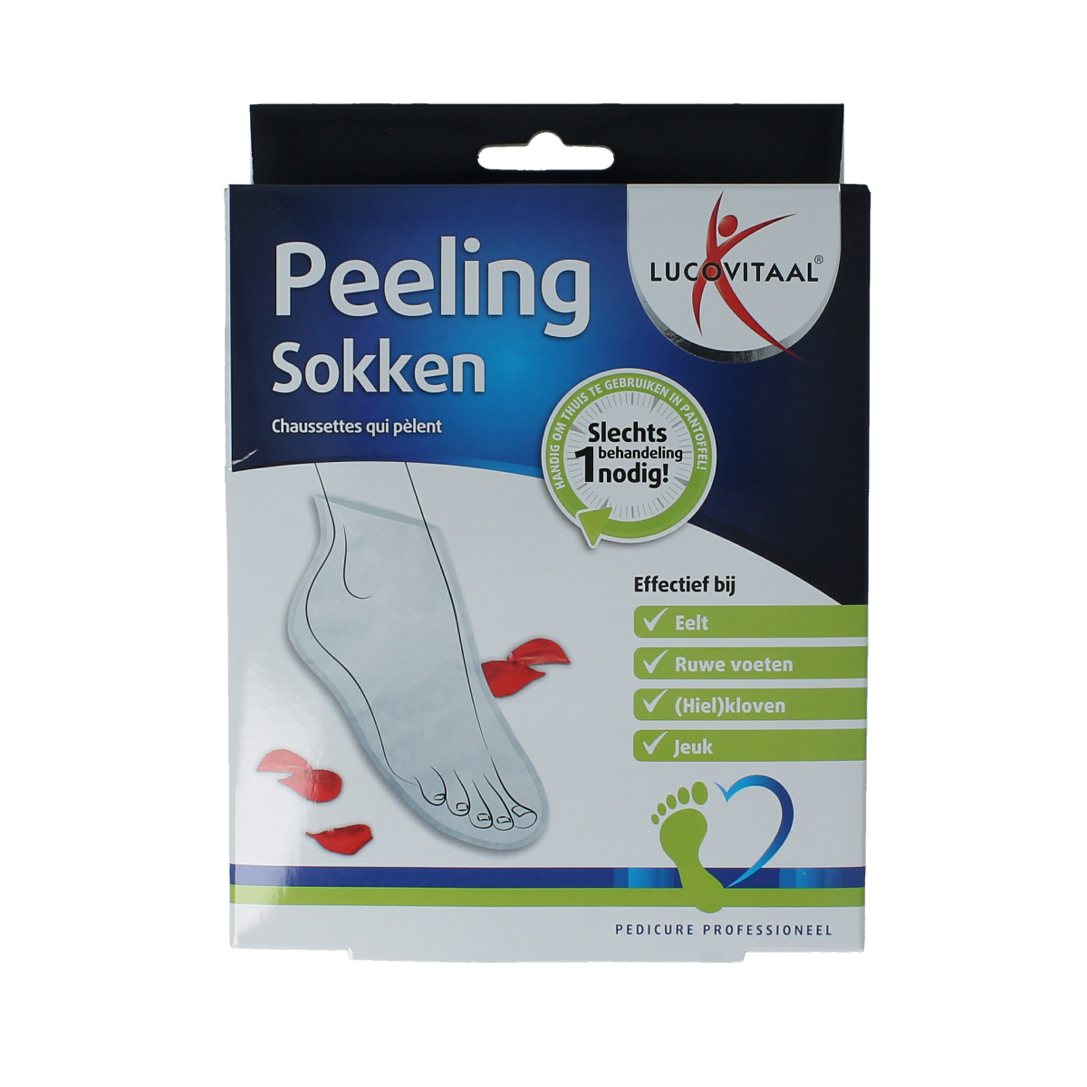 Lucovitaal peeling sokken for foot care, showing the pair of soft, exfoliating foot socks in packaging.