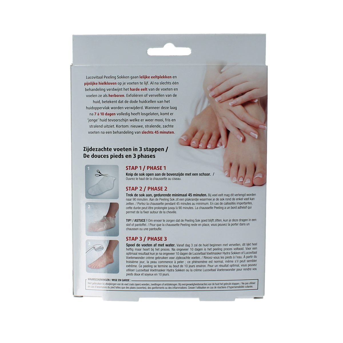 Pair of Lucovitaal peeling socks for foot care, showing exfoliating socks with textured surface for skin renewal.