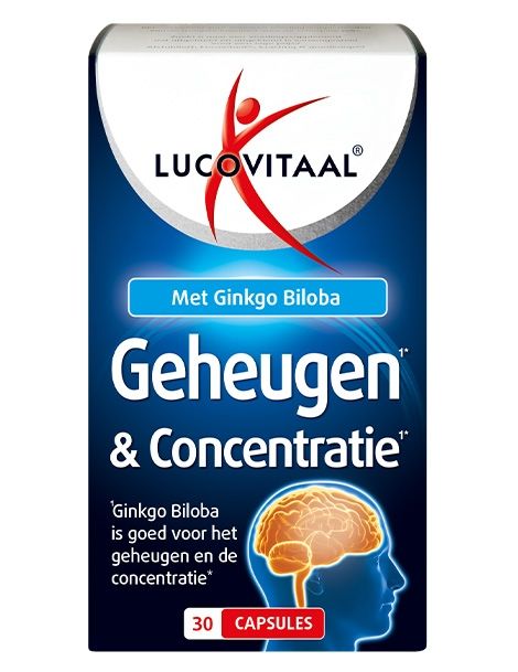 Lucovitaal Vetzuren capsules for memory and concentration, shown in a bottle with 30 capsules on a white background.
