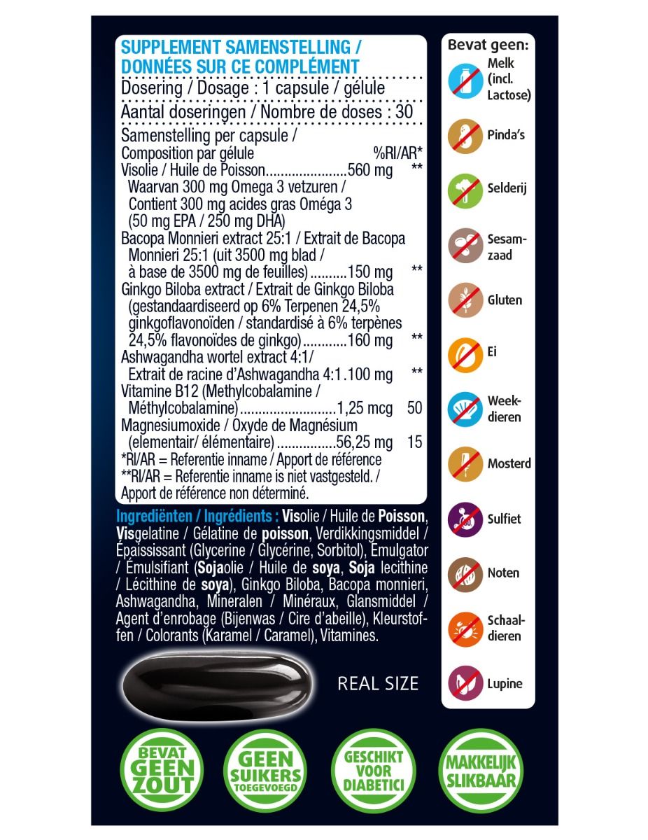 Lucovitaal Geheugen & Concentratie capsules with omega fatty acids, 30 capsules, dietary supplement for brain support.