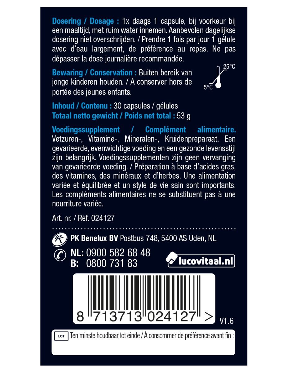 Lucovitaal Geheugen & Concentratie capsules, dietary supplement with omega fatty acids, in a clear bottle with capsules visible inside.