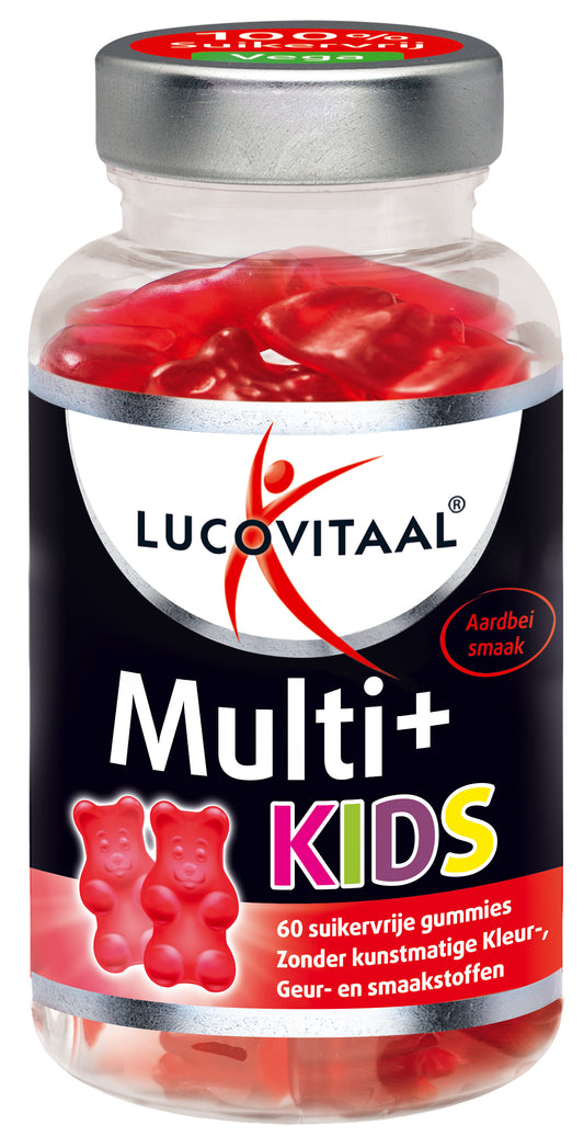 Lucovitaal Multi+ kids gummies, colorful multivitamin supplement for children, displayed in a clear container.