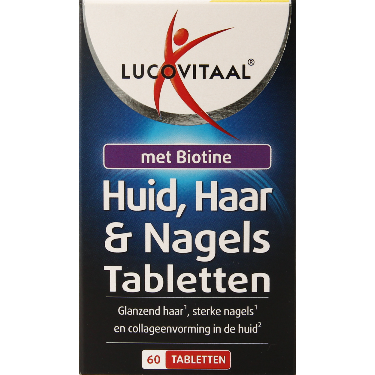 Lucovitaal huid, haar en nagels multivitamine tabletten with biotine in a bottle, showing the supplement tablets inside.