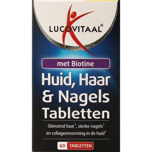 Lucovitaal huid, haar en nagels multivitamine tabletten with biotine in a bottle, showing the supplement tablets inside.