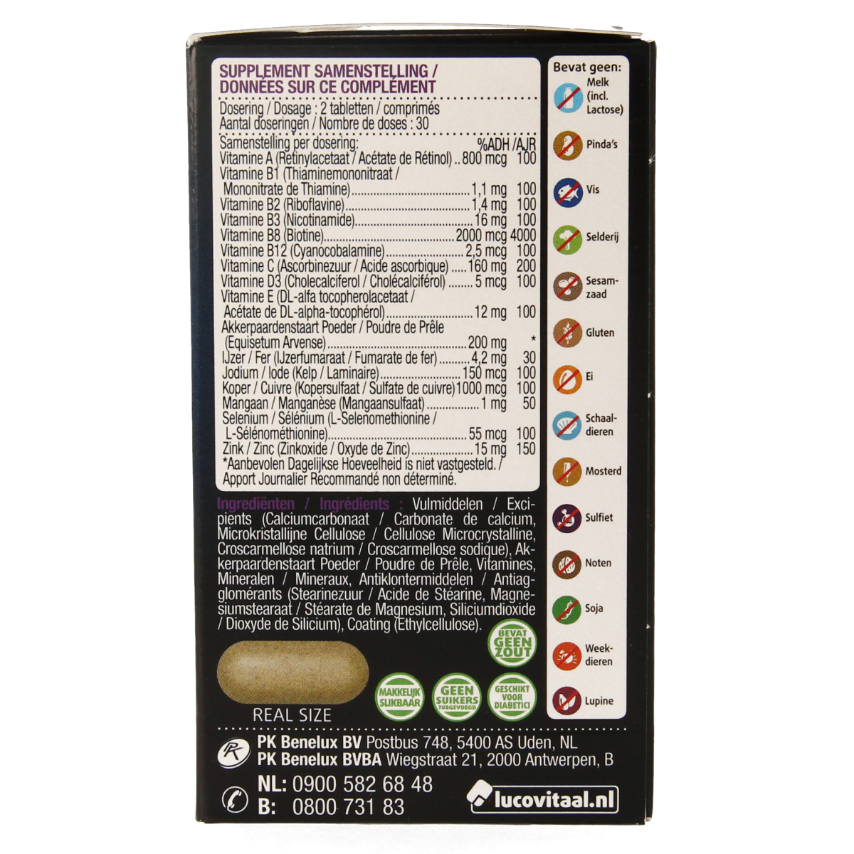 Lucovitaal Huid Haar Nagels multivitamine met biotine, 60 tabletten, voor gezonde huid, haar en nagels.