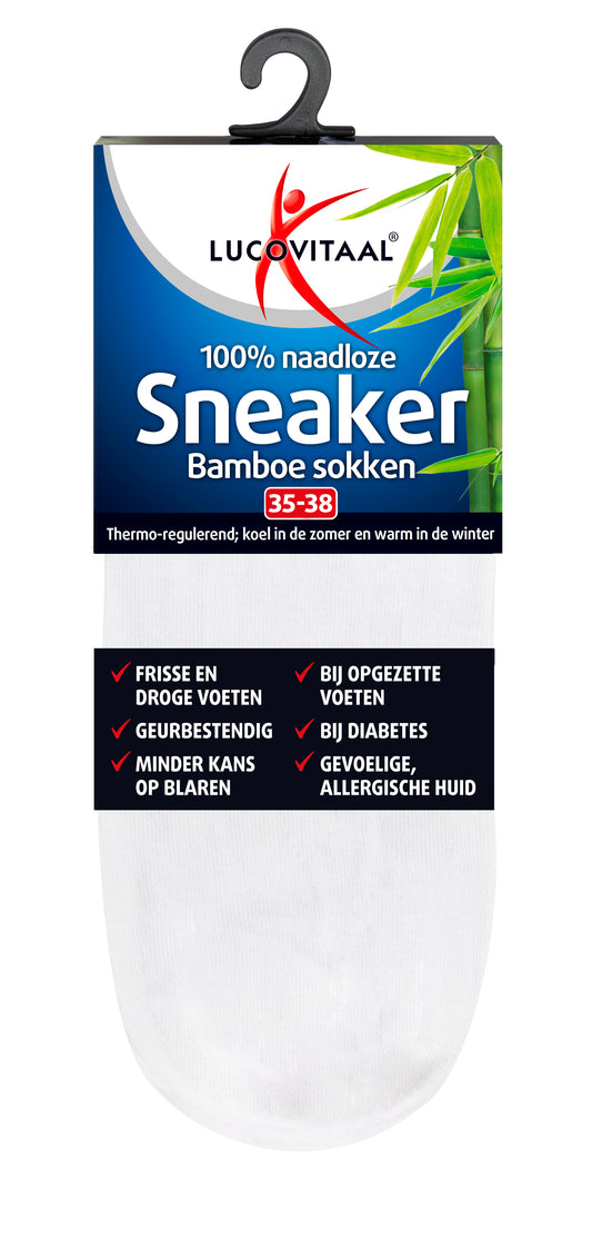 Lucovitaal white bamboo sneakersock for women, size 35-38, showing soft fabric and snug fit for comfortable footwear.