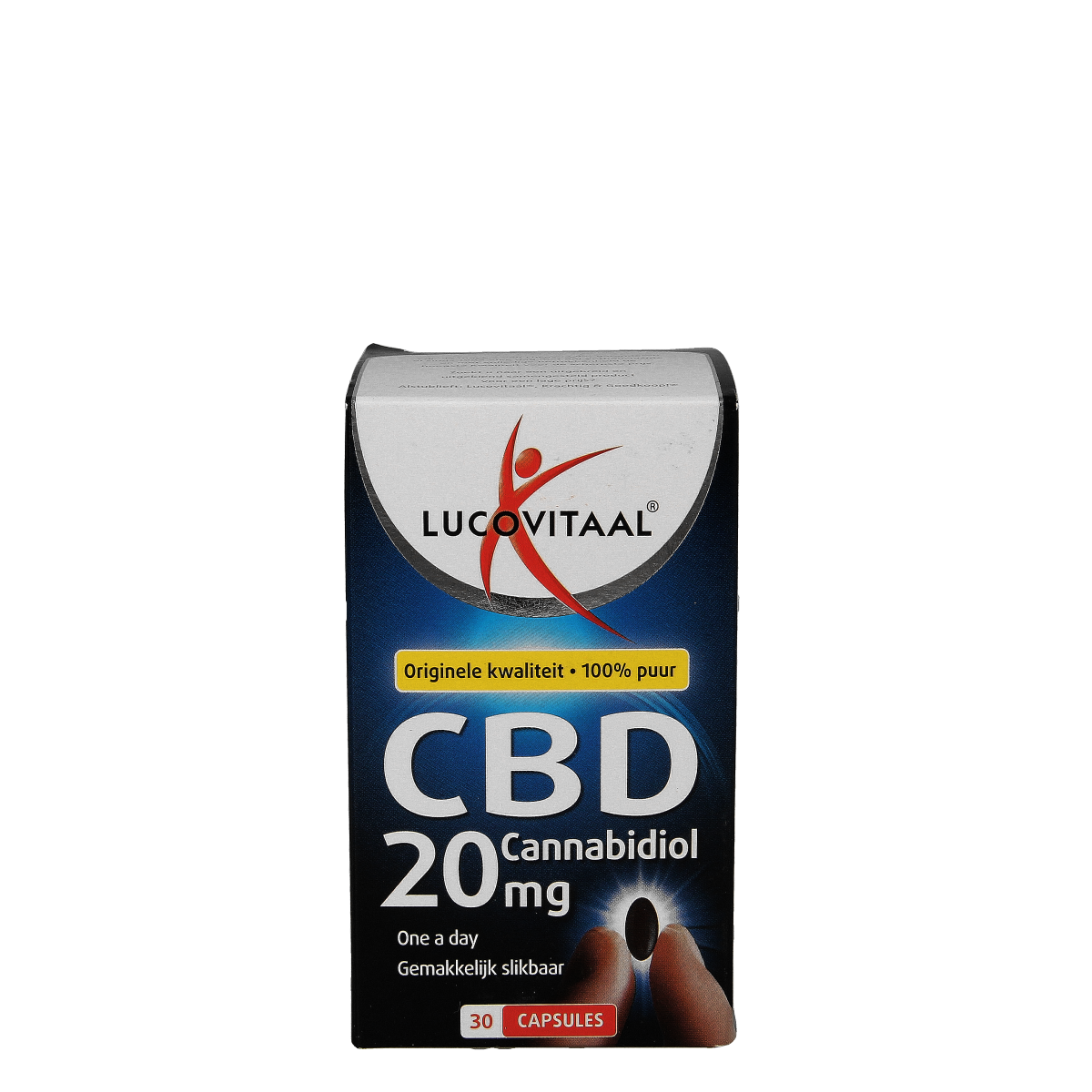 Lucovitaal Cannabidiol CBD 20mg capsules in a bottle, herbal supplement for wellness, with 30 capsules visible.