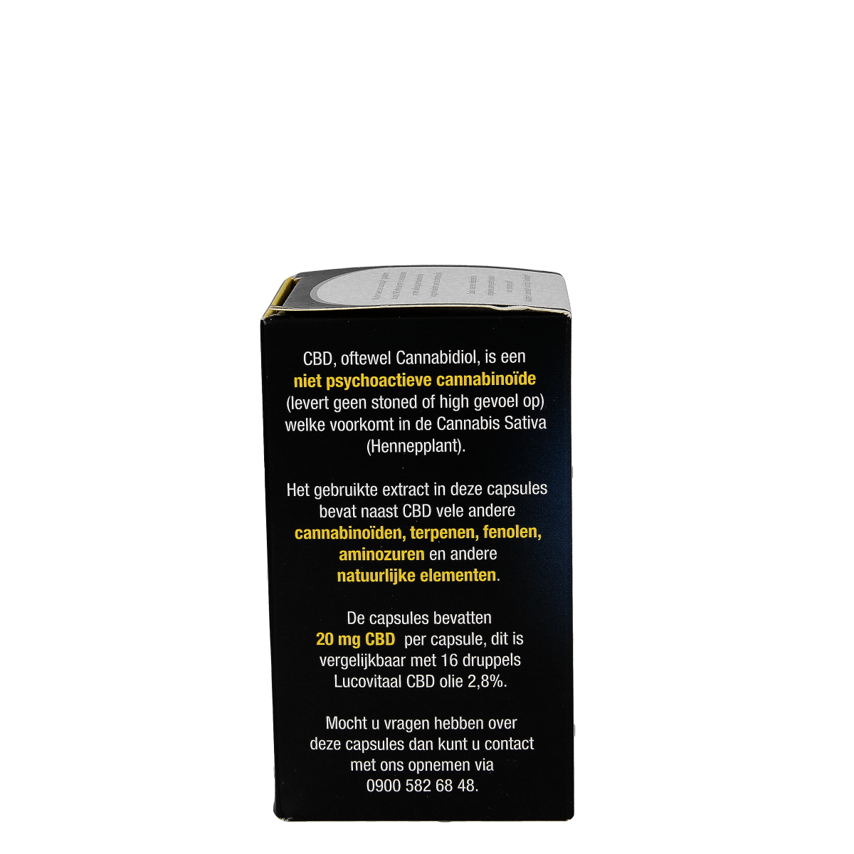 Lucovitaal Cannabidiol CBD 20mg capsules in a bottle, herbal supplement for wellness, made by Lucovitaal.