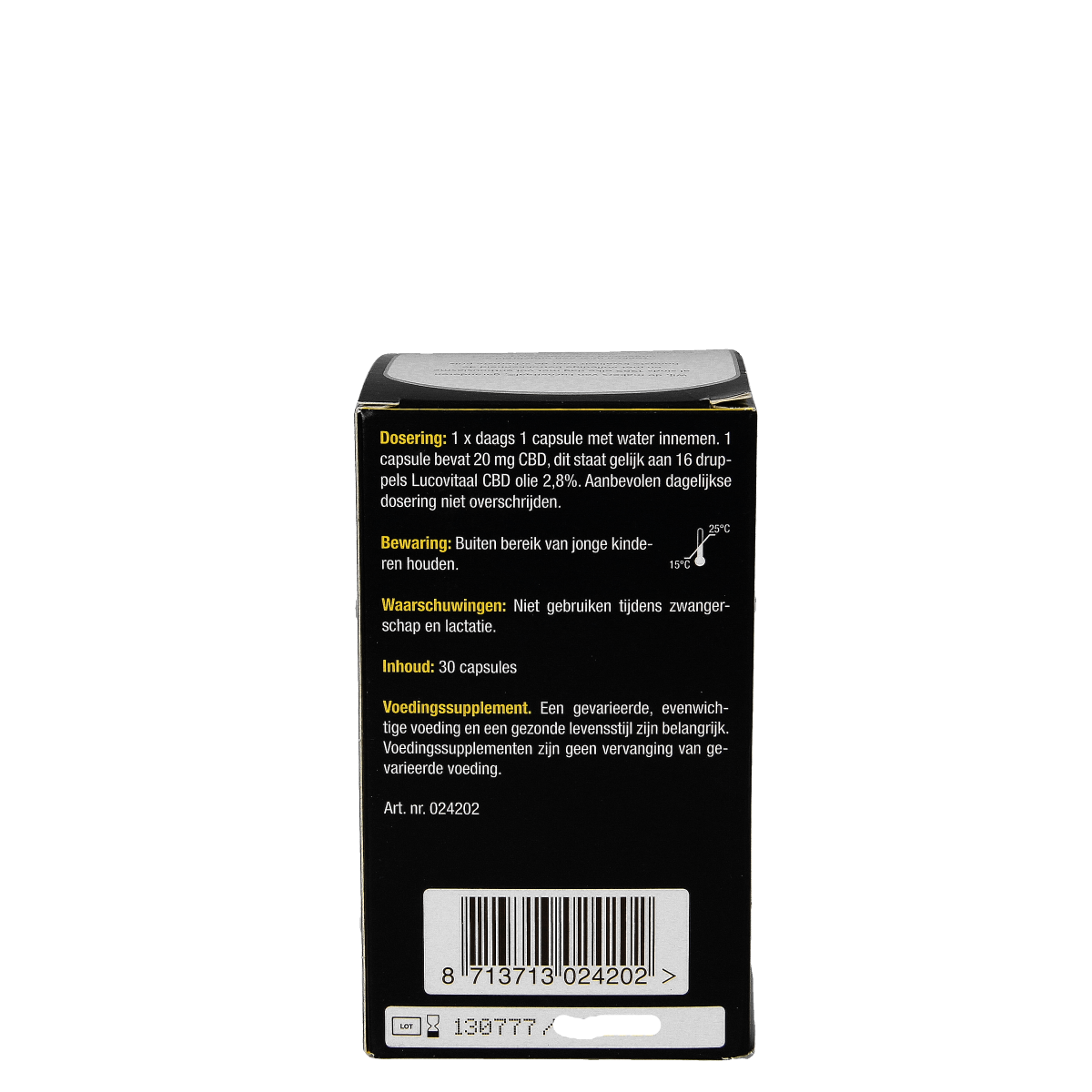 Lucovitaal Cannabidiol CBD 20mg capsules, herbal supplement, with 30 capsules shown in the image.