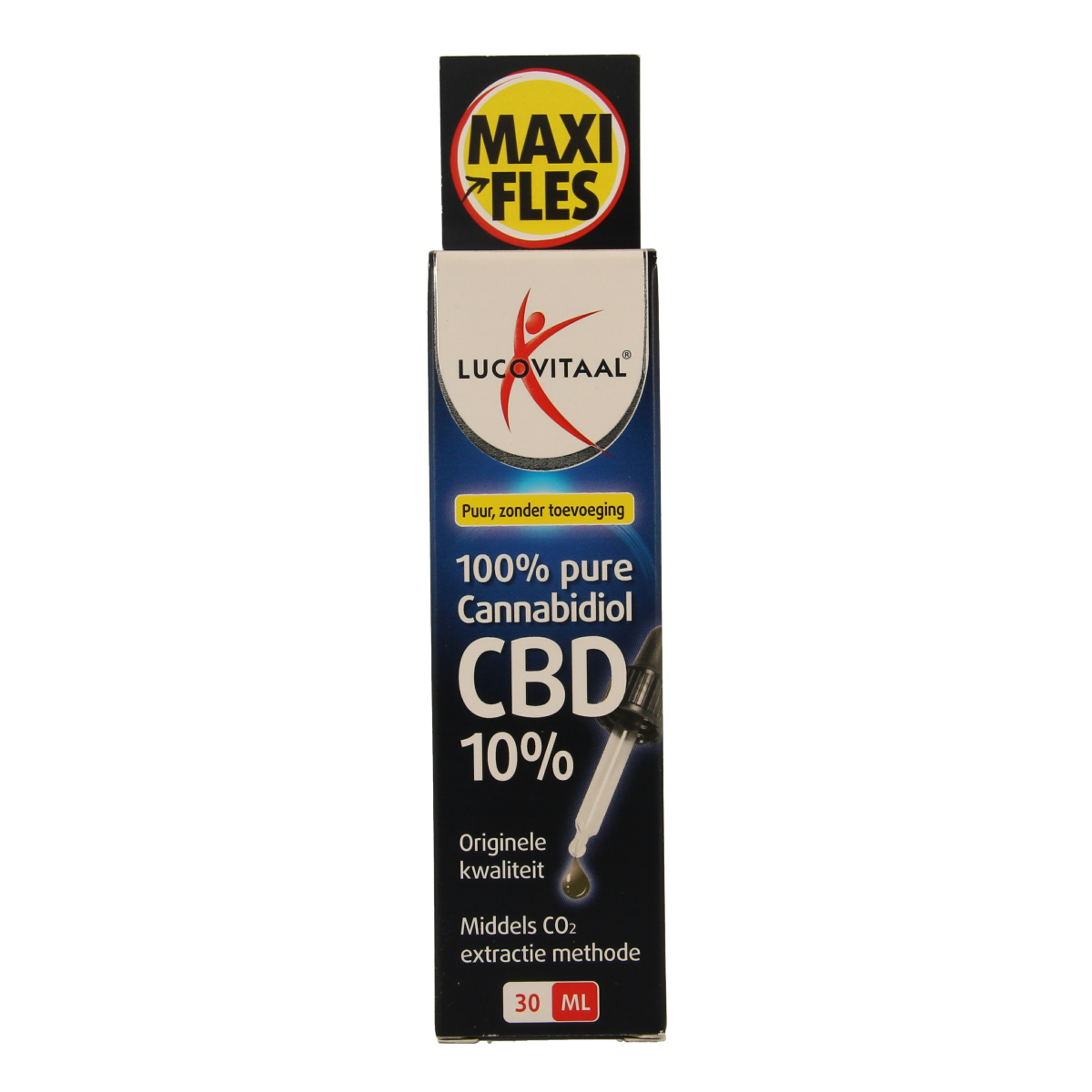 Bottle of Lucovitaal CBD olie 10% herbal supplement in a 30ml bottle with a dropper cap.