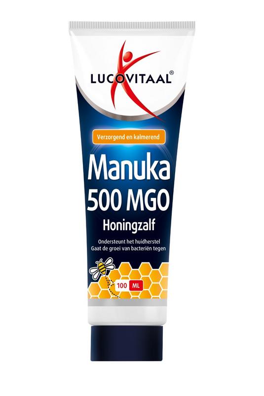 Lucovitaal Manuka honing zalf 500 MGO, 100ml, natural body care with honey-based healing properties, in a white tube.