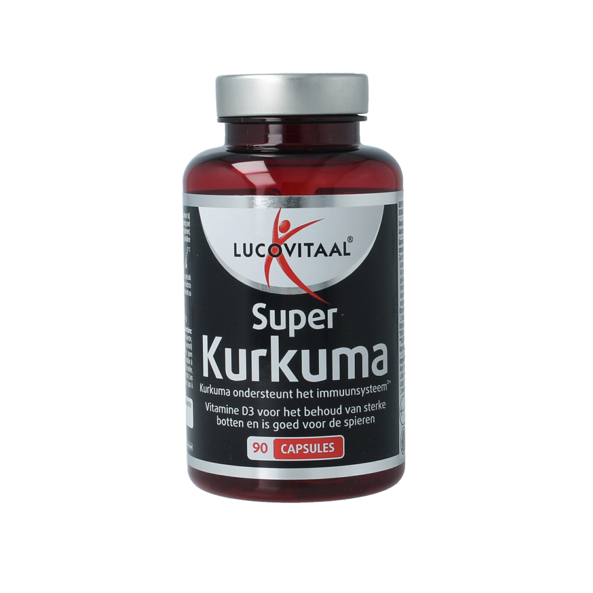 Lucovitaal Super Kurkuma capsules in a bottle, herbal supplement for joint and immune health, 90 capsules.
