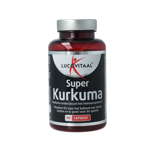 Lucovitaal Super Kurkuma capsules in a bottle, herbal supplement for joint and immune health, 90 capsules.