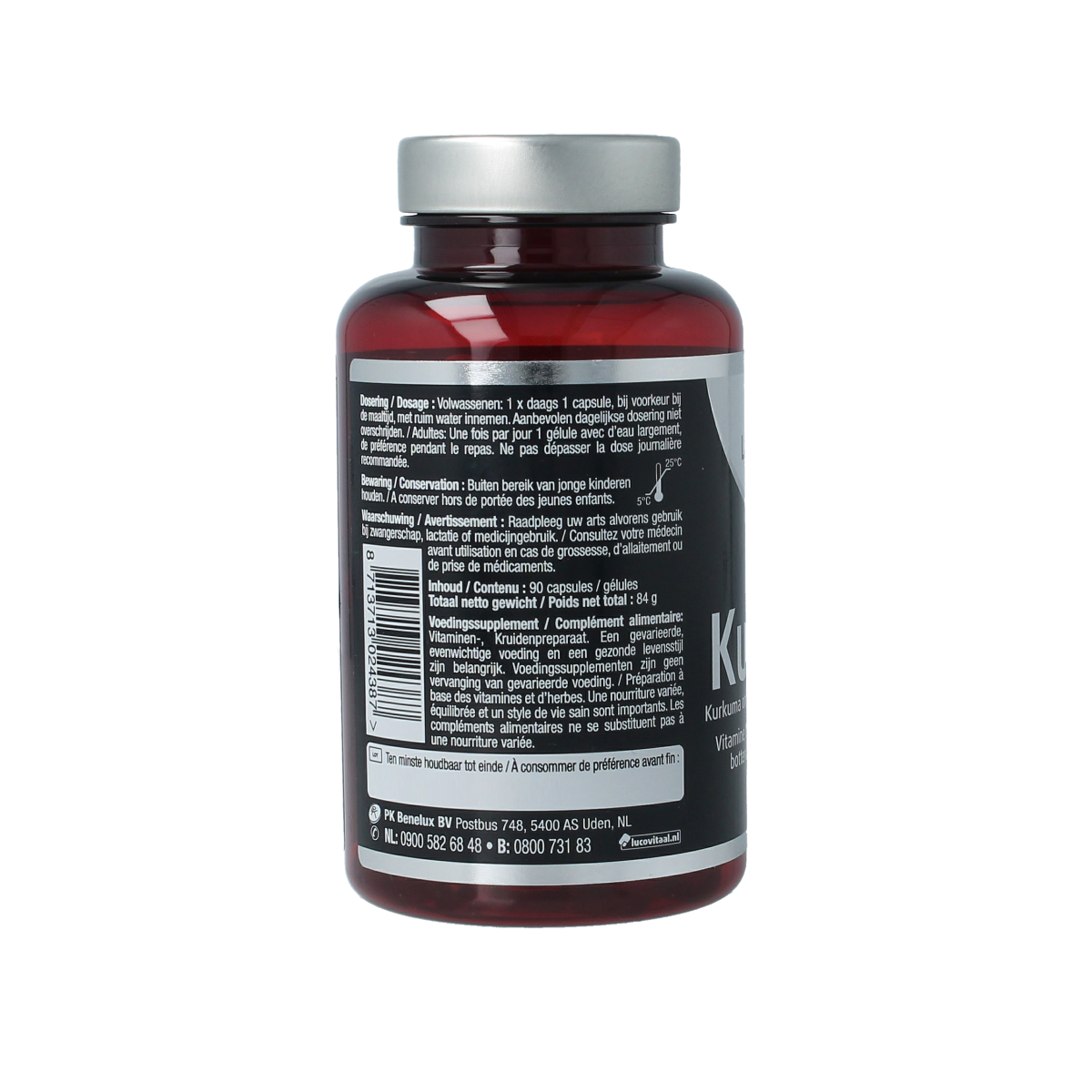 Lucovitaal Super Kurkuma capsules in a bottle, herbal supplement for health and wellness, natural turmeric extract capsules.