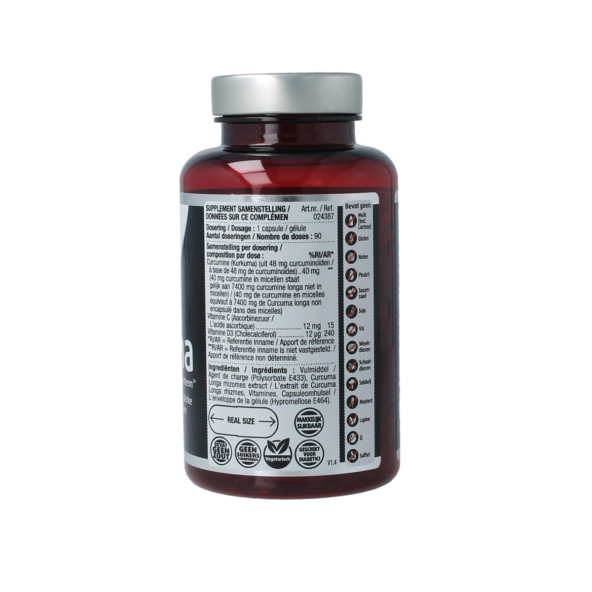 Lucovitaal Super Kurkuma capsules, herbal supplement in a bottle, featuring bright yellow capsule packaging.