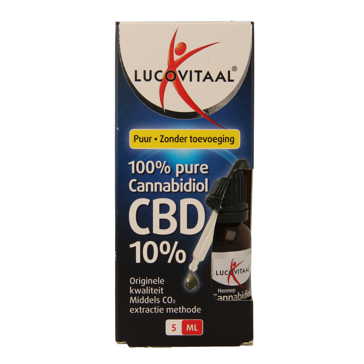 Lucovitaal CBD olie 10% in 5ml bottle, herbal supplement with CBD for wellness and relaxation.
