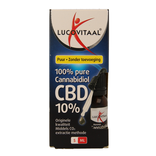 Lucovitaal CBD olie 10% in 5ml bottle, herbal supplement with CBD for wellness and relaxation.