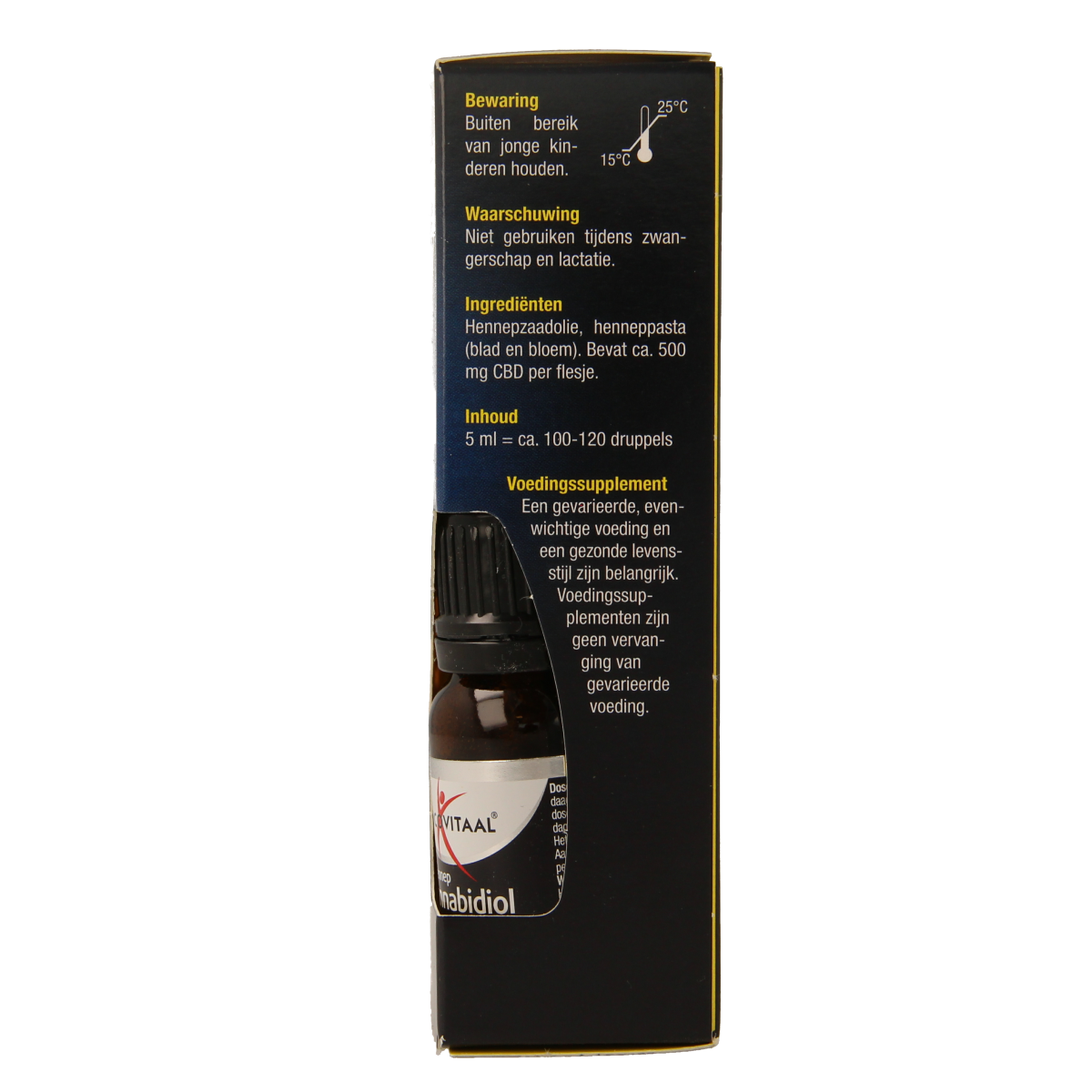Bottle of Lucovitaal CBD olie 10% herbal supplement in a 5ml container with a dropper for easy use.