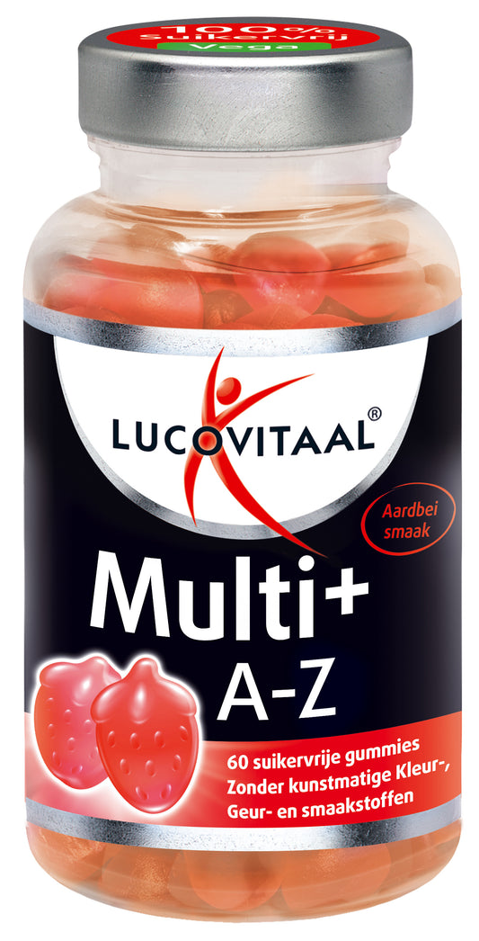Lucovitaal Multi+ A t/m Z vitamin multivitamine gummies in a clear jar, showing colorful gummy vitamins inside.