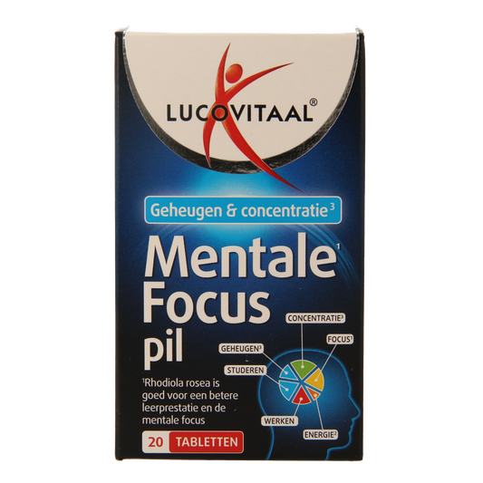 Lucovitaal Mentale Focus herbal supplement tablets, 20-count, featuring natural ingredients for mental clarity and concentration.