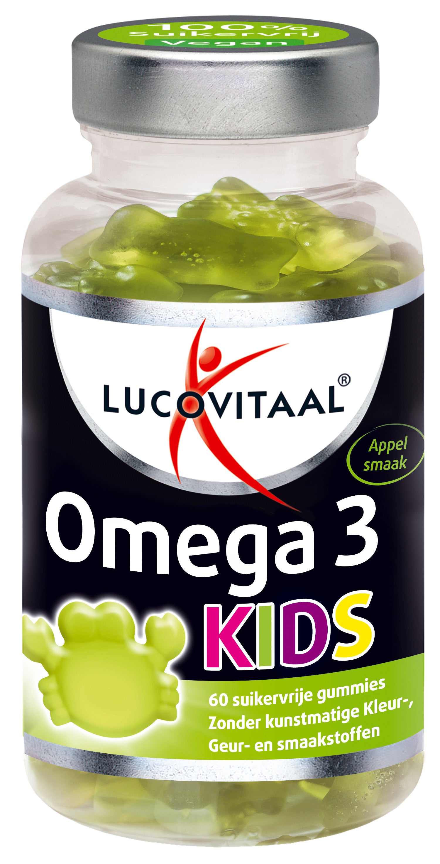 Lucovitaal Omega 3 kids gummies in a bottle, featuring colorful soft chews for children's omega-3 supplement intake.