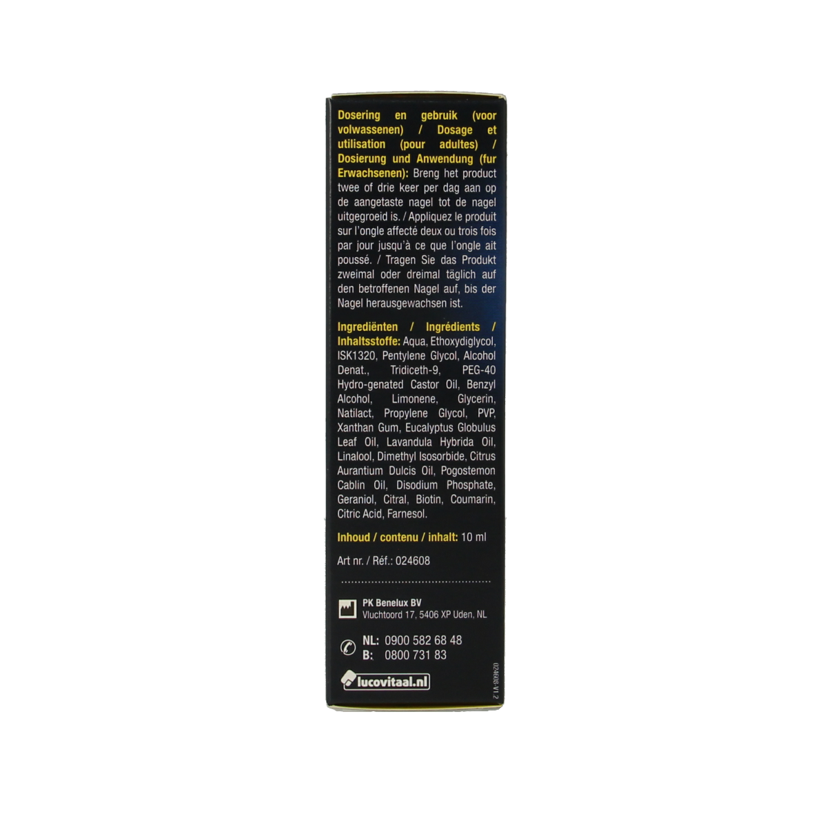 Lucovitaal Kalknagel behandel vloeistof for toenail fungus, 10ml bottle, foot care product with a clear applicator cap.