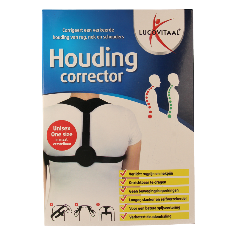 Lucovitaal orthopedische houdingcorrector brace supporting back and shoulders, adjustable fit for improved posture.