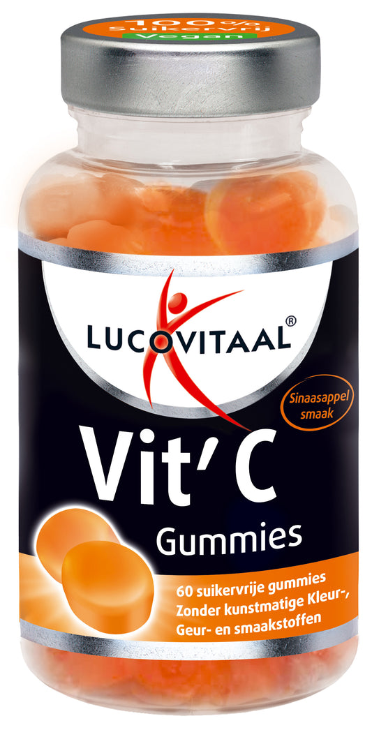 Lucovitaal Vitamine C 60 gummies, vitamin supplement with orange-flavored chewable tablets, displayed in a clear container.