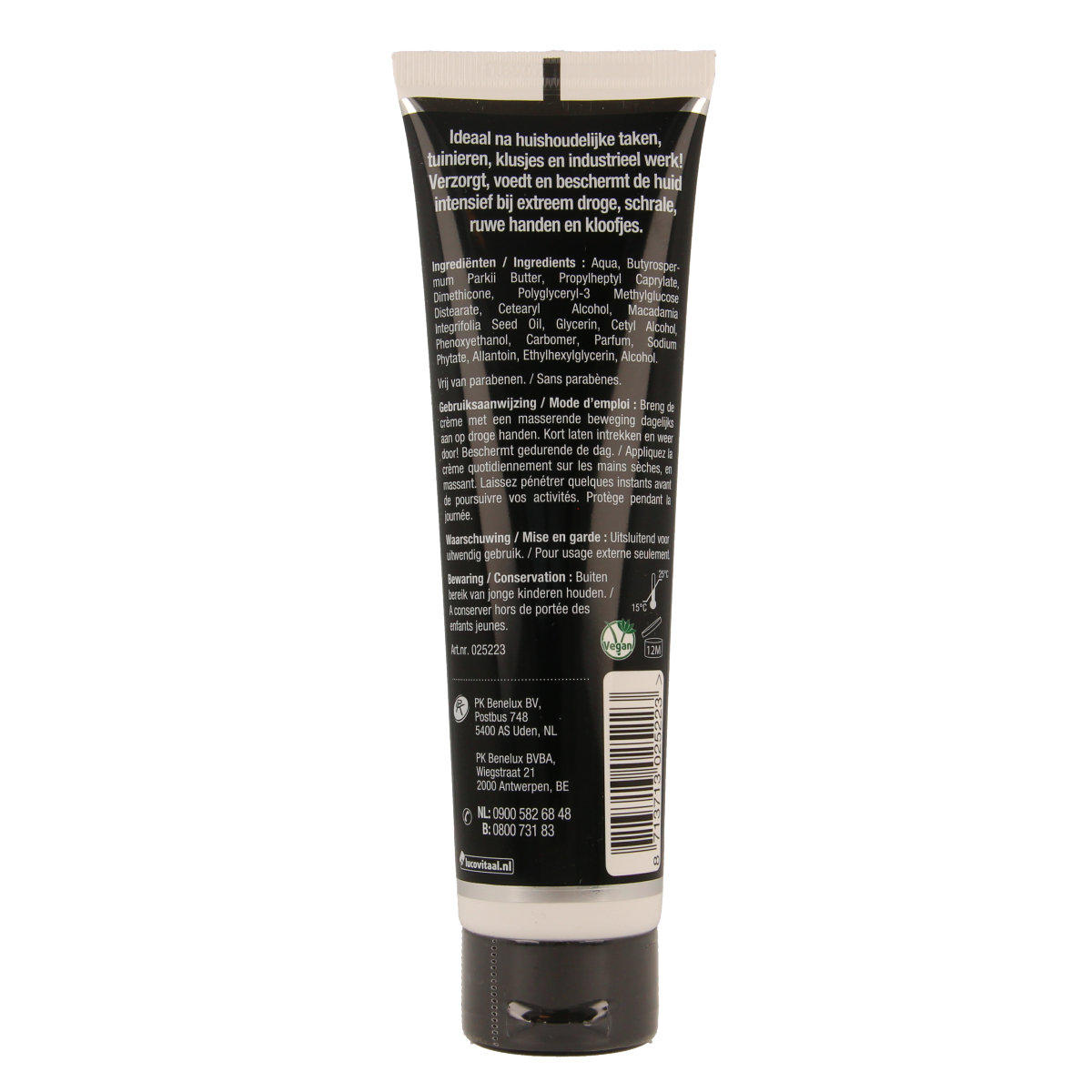 Lucovitaal Werkhanden hand cream in 100ml tube, showcasing creamy texture and application on hands for soft, cared-for skin.