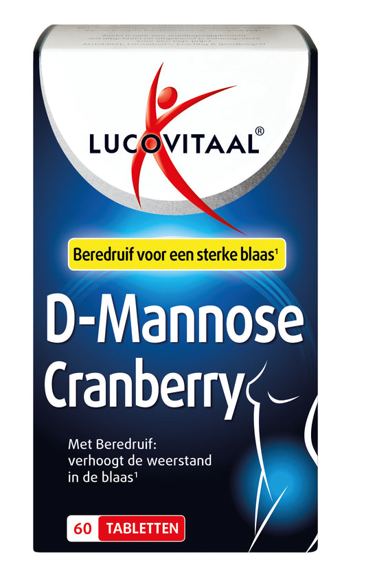 Lucovitaal D-Mannose cranberry herbal supplement in a bottle of 60 tablets, natural remedy for urinary health.