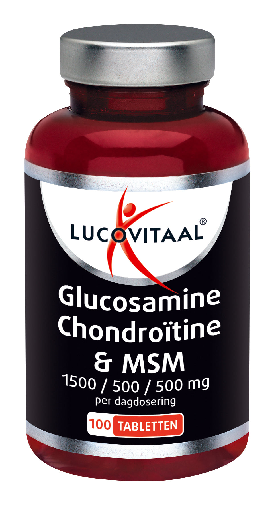 Lucovitaal Glucosamine, Chondroitine, and MSM mineral supplement tablets for joint support and mobility.