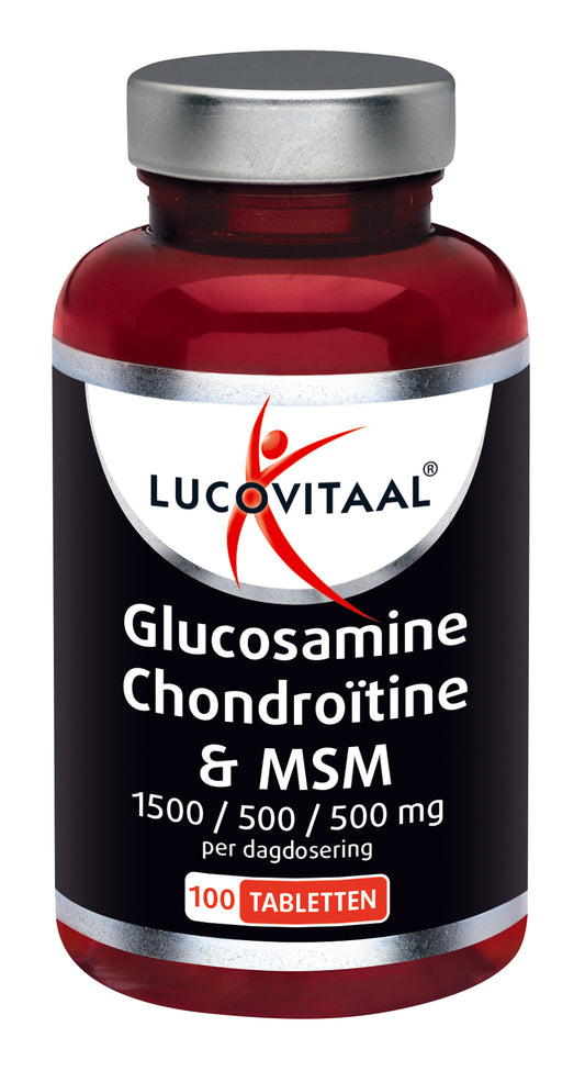 Lucovitaal Glucosamine, Chondroitine, and MSM mineral supplement tablets for joint support and mobility.