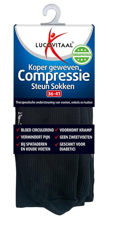 Lucovitaal copper compression socks in black, size 36-41, shown as a pair of supportive hosiery for leg comfort.