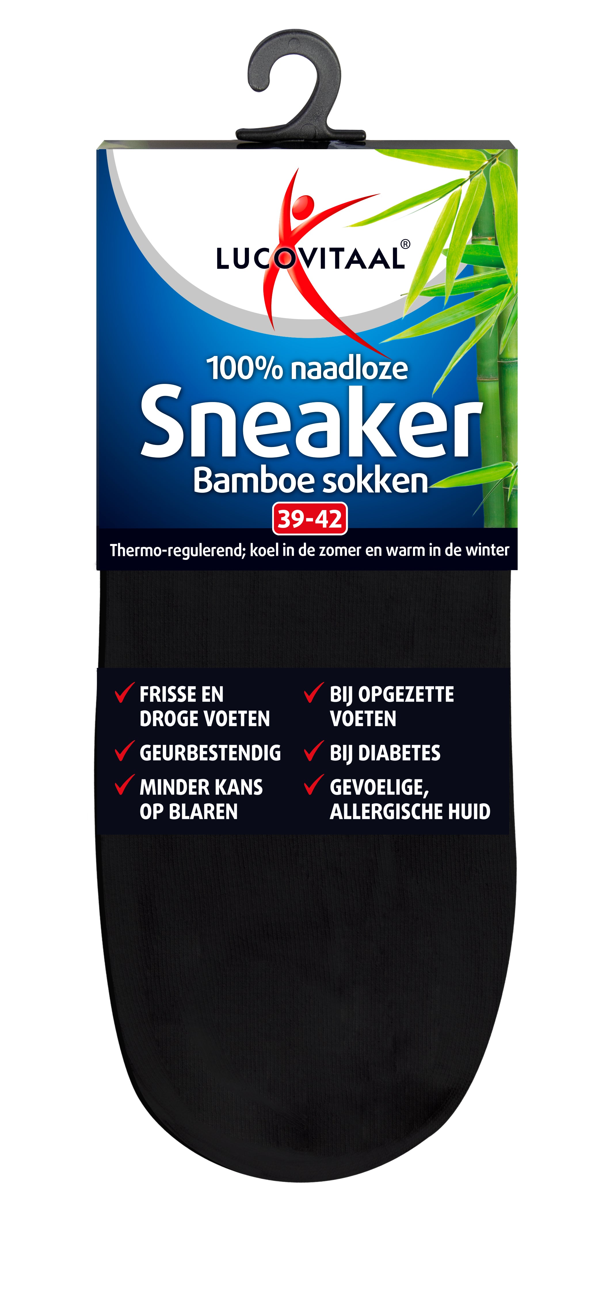 Lucovitaal black bamboo sneakersocks for men in size 39-42, soft and breathable sock pair with comfortable fit.