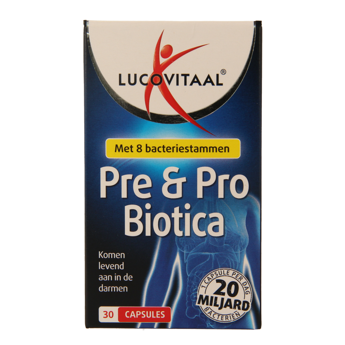 Lucovitaal Pre & Probiotica capsules with micro-organismen, 30-count supplement for digestive health.