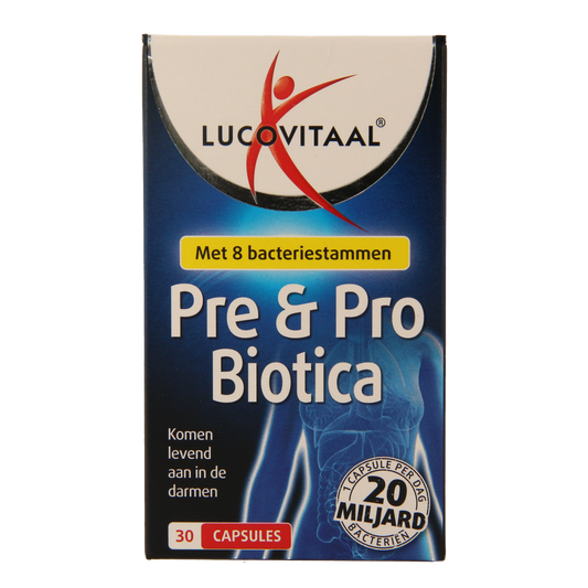 Lucovitaal Pre & Probiotica capsules with micro-organismen, 30-count supplement for digestive health.