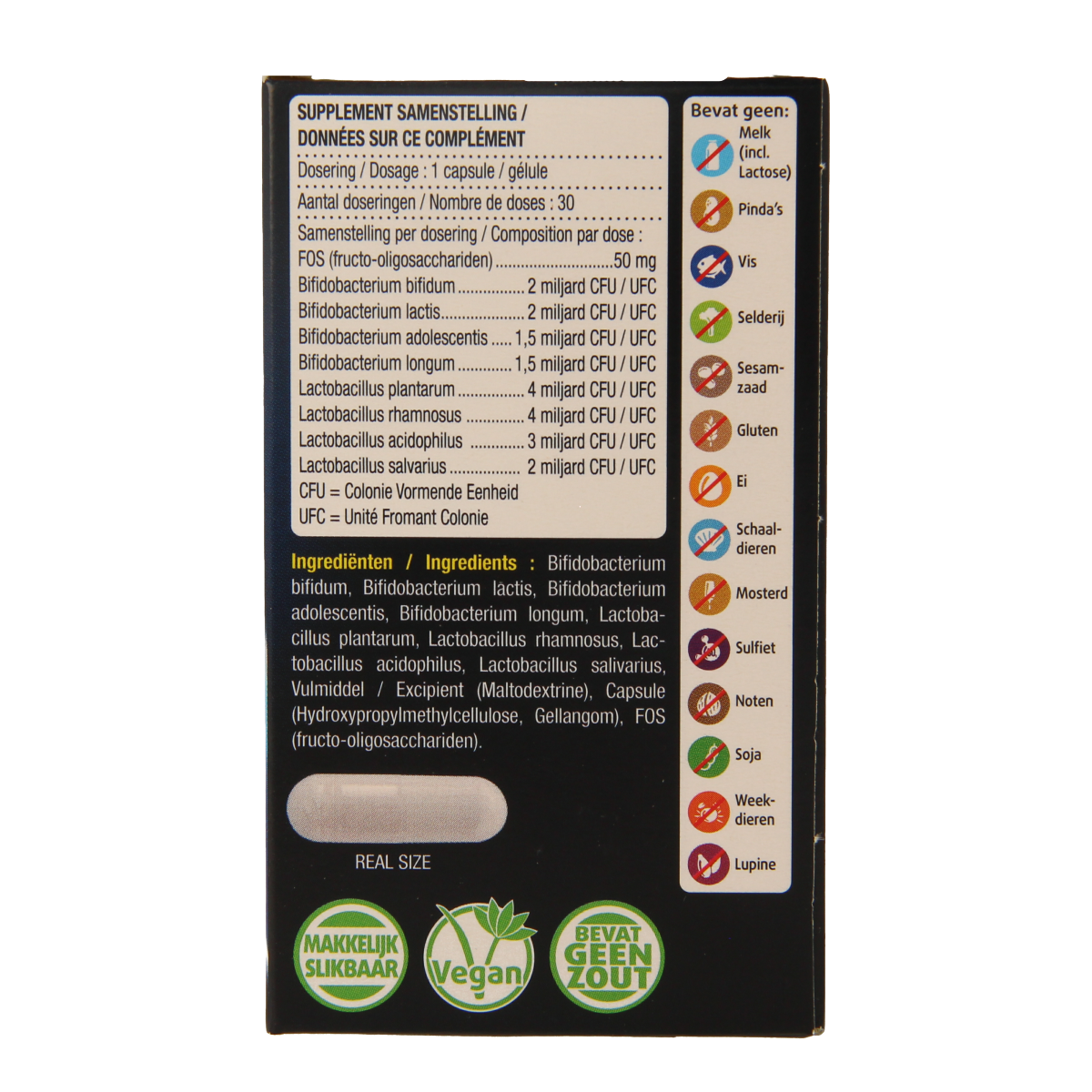 Lucovitaal Pre & Probiotica capsules with micro-organisms, 30-count dietary supplement for gut health.