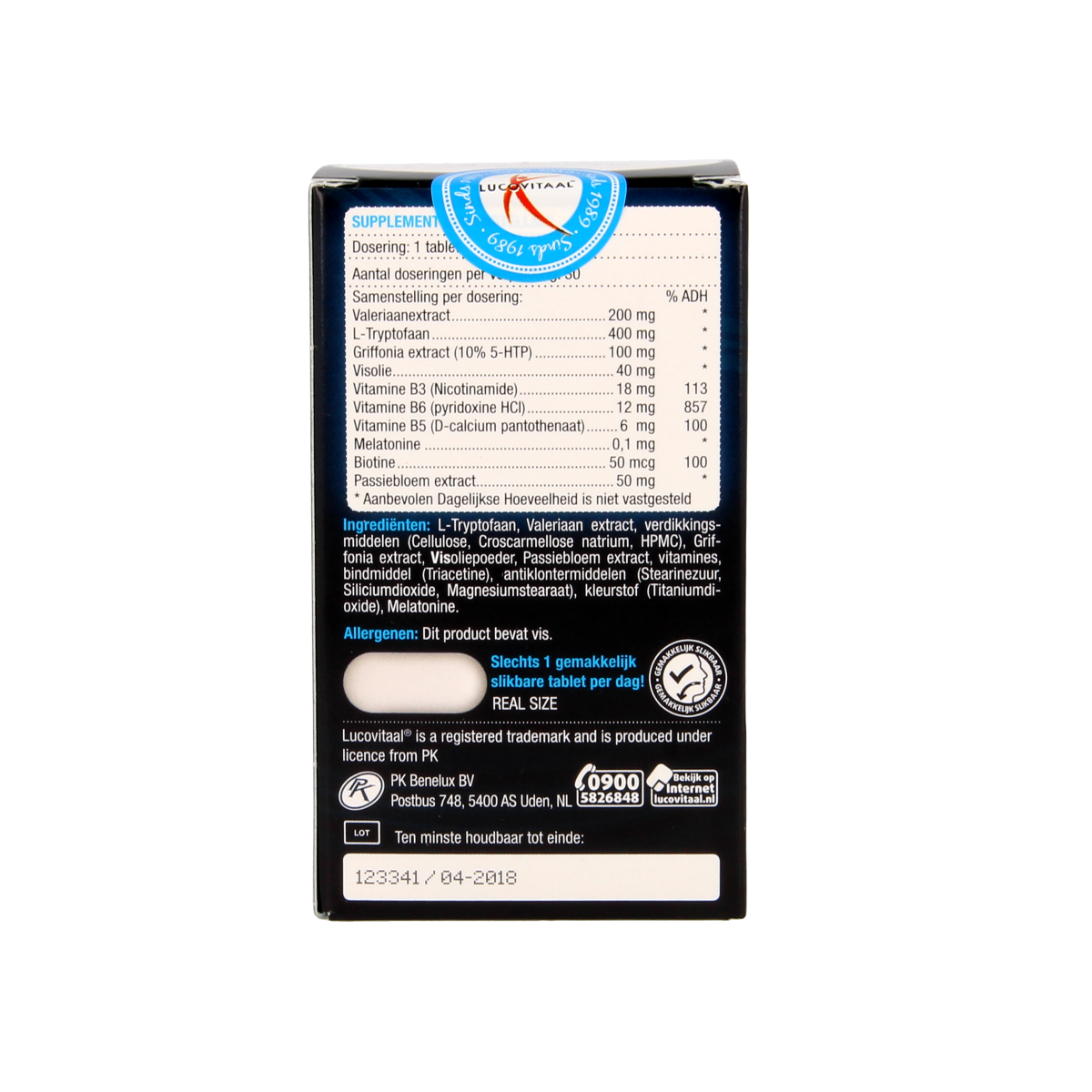 Lucovitaal Melatonine L-Tryptofaan herbal supplement tablets, 30-count, for sleep support and relaxation.